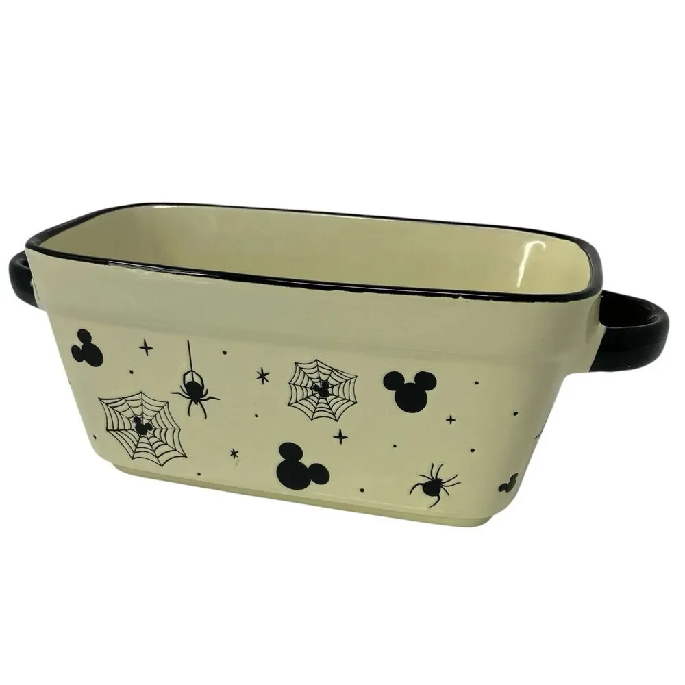 Disney Baking Dish Cream Ceramic Mickey Halloween Spider Web Meatloaf/Bread